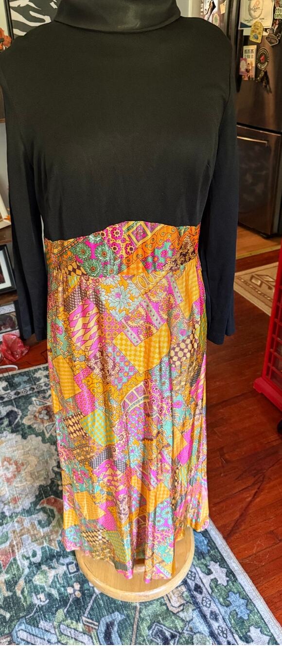 Vintage 60s 70s Black Bright Orange Pink Psychedelic Hippie Maxi Dress Med Large